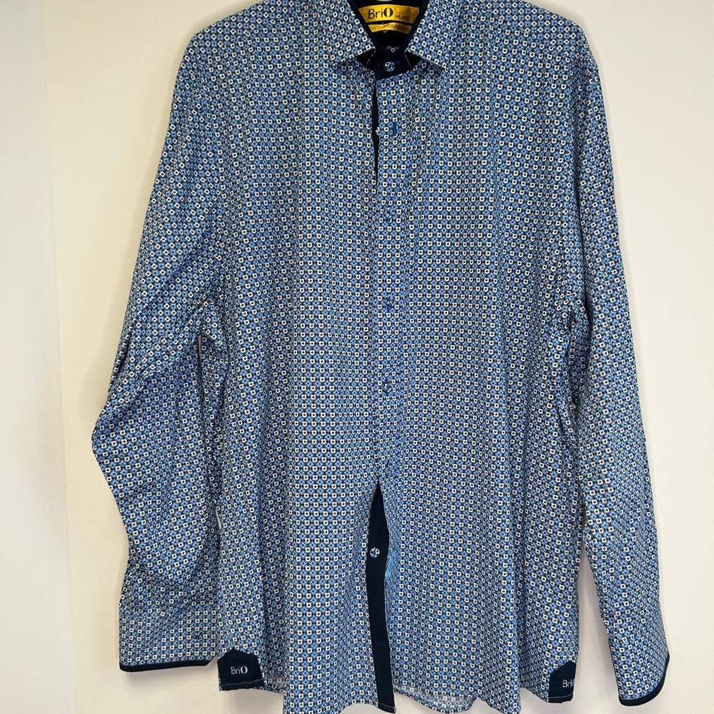 Brio Men's Long Sleeved Blue Patterned Dress Shirt